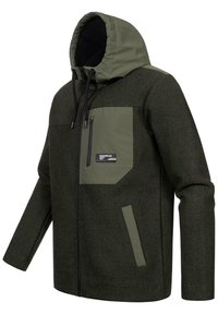 Hooded jacket in dark green and olive tones, featuring a zippered chest pocket, two side pockets, and a textured fabric finish.