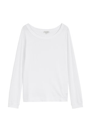 Camisa blanca de manga larga con un escote amplio, fabricada en un tejido suave y con puños acanalados. Diseño sencillo sin patrones ni gráficos visibles.