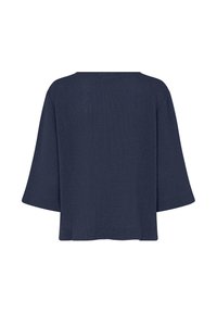 Top blu navy dal taglio morbido, maniche larghe, tessuto testurizzato e scollatura quadrata. Orlo corto sul retro.