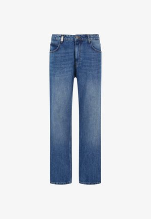 Sinised teksapüksid sirge jala disainiga, viie tasku stiiliga ja tuhmunud pesuga. Omab nööpi ja lukku sulgemist ning vööde kinnitamiseks silmi.