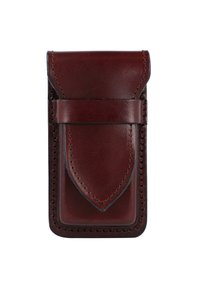 Leren kaarthouder in diep bordeaux, met een gladde textuur, een omgevouwen bovenkant en decoratieve stiksels langs de randen.