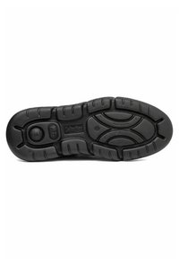 Suola di scarpa nera con superficie in gomma testurizzata, caratterizzata da un motivo di battistrada intricato e due accenti circolari prominenti. Design durevole e flessibile.