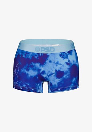 Blaue Batik-Boxershorts mit einem hellblauen elastischen Taillenbund, der das "PSD"-Logo zeigt. Enthält ein perforiertes Paneel und dekorative Akzente.