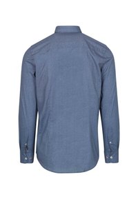 Langsleeve shirt in donkerg blauwe stof met een subtiele textuur. Heeft een klassieke kraag en knopenmanchetten met contrasterende knopen.