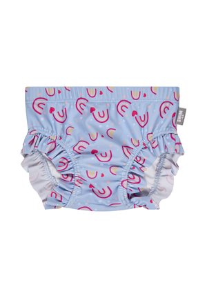 Blauer Baby-Schwimmwindel mit Rüschensäumen an den Beinöffnungen, verziert mit rosa, lila und gelben Regenbögen sowie kleinen Herzen.