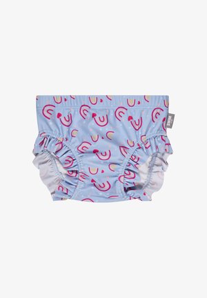 Blue baby swim diaper with ruffled leg openings, decorated with pink, purple, and yellow rainbows and small hearts.