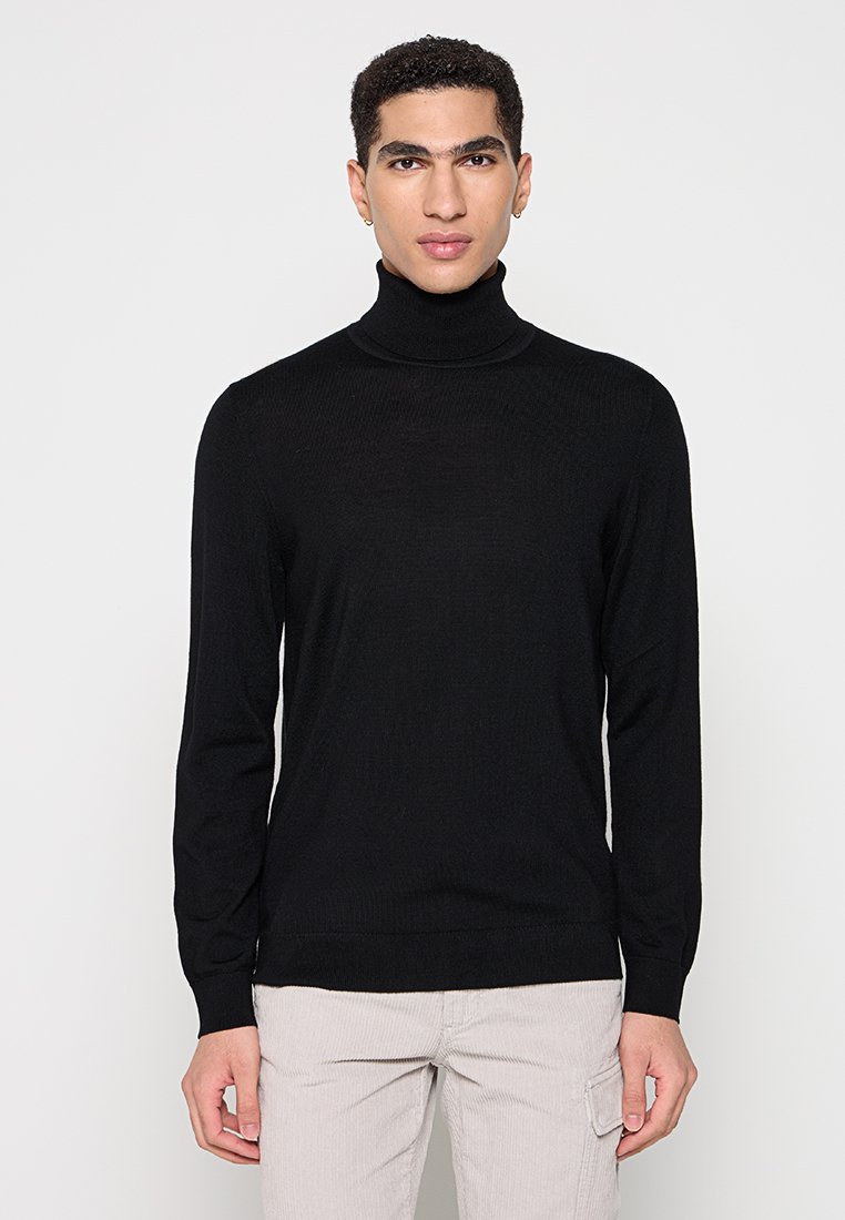 Schwarzer Rollkragenpullover in Stricktextur, mit langen Ärmeln und figurbetontem Design, vor einem neutralen Hintergrund präsentiert.