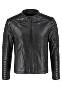 Zwarte leren motorjas met ribbelende schouder- en armdetails, voorzien van een rits aan de voorkant en een staande kraag. Soepele textuur.