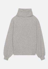 Maglione a colletto alto grigio chiaro con texture a coste, silhouette oversize e maniche lunghe, leggermente a sbuffo, progettato per un fit rilassato.