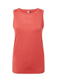 Sleeveless coral-red tank top with round neckline and subtle embossed logo on the chest, displayed on a white background.