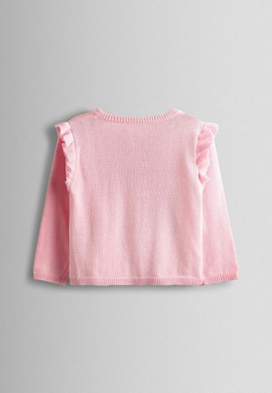 Pulover roz tricotat cu mâneci lungi, cu accente de volane pe umeri și decolteu rotunjit. Textură moale și design ajustat.