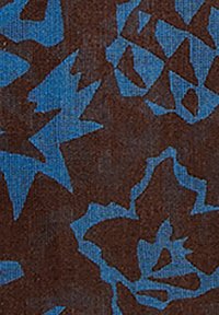 Brown fabric with a textured surface featuring a blue abstract floral pattern, incorporating geometric shapes and varying hues of blue.