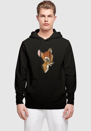Schwarzer Hoodie mit einer bunten Illustration eines Cartoon-Hirsches auf der Vorderseite. Aus weichem Stoff gefertigt, mit einer Kängurutasche und einer Kapuze mit Kordelzug.