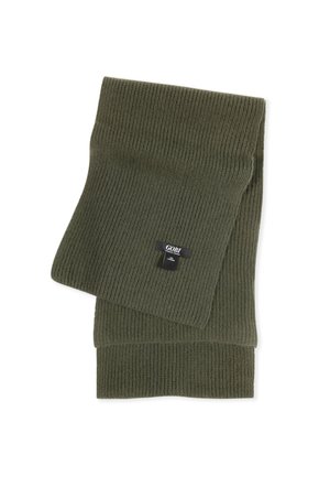 Dunkelgrüner, gerippter Strickschal aus Wolle, gefaltet mit einem kleinen schwarzen Etikett mit der Aufschrift "Gobi" und "100% Kaschmir".