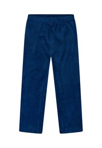 Pantalones de terciopelo azul con cintura elástica. La tela tiene una textura suave, y el diseño presenta piernas rectas sin adornos.