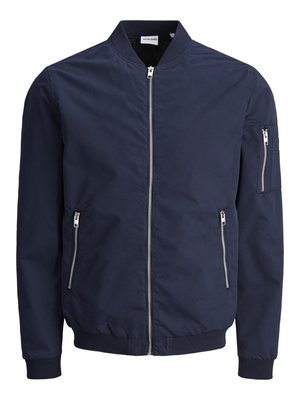 Navy bomber jacket with a zip front, ribbed collar and cuffs, two side pockets, and a zipped pocket on the upper arm, crafted from a smooth fabric.