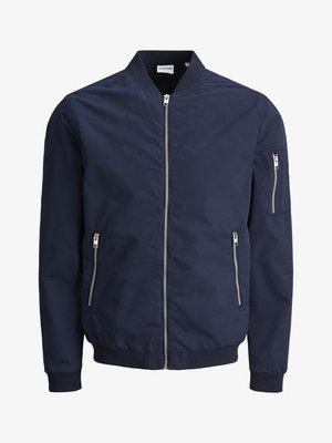 Navy bomber jacket with a zip front, ribbed collar and cuffs, two side pockets, and a zipped pocket on the upper arm, crafted from a smooth fabric.