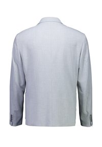 Lichtgrijs herenjasje gezien van achteren met lange mouwen en vier donkere knopen op elke manchetknoop.