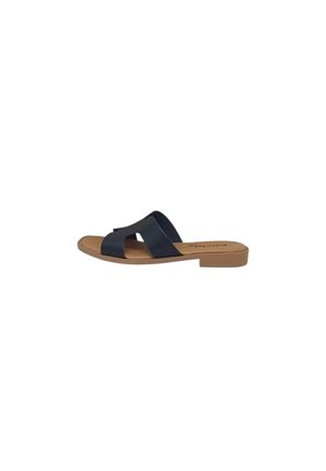 Sandalo piatto con suola color cuoio e ampie fasce di pelle nera che si incrociano sul piede, punta aperta e design con retro aperto.