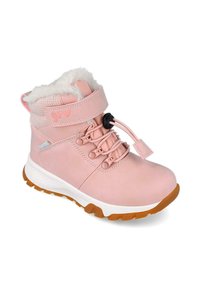 Bota impermeable rosa con forro de piel sintética, cordones con ajuste y suela de goma. Presenta una parte superior texturizada y una correa ajustable con detalle de logo.