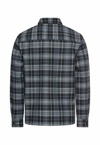 Chemise à manches longues à carreaux en noir, gris et bleu clair, dotée d'un col classique et de poignets boutonnés, avec un motif à carreaux distinct.