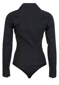 Zwarte longsleeve bodysuit met een kraagontwerp, soepele stof, aansluitende taille en met knopen afgewerkte manchetten, die een strak, naadloos uiterlijk toont.