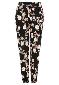 Pantaloni neri con stampa floreale caratterizzati da una vestibilità ampia, vita elastica e cordino. Il design presenta grandi fiori rosa e bianchi con accenti verdi.