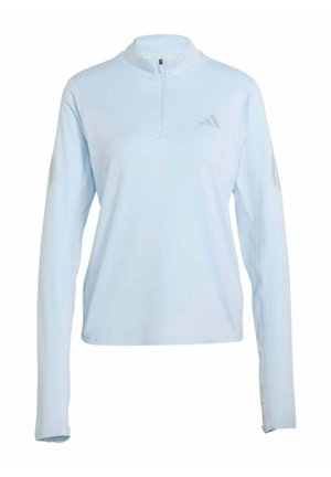 Hellblauer langärmliger Sportpullover mit Viertelreißverschluss und dezentem Logo auf der linken Brust und den Ärmeln.