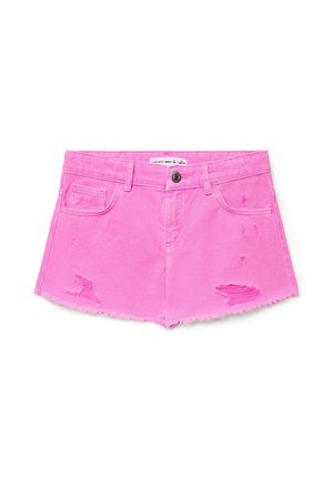Pantaloncini in denim rosa con orlo sfrangiato e dettagli consumati, chiusura frontale con bottoni e design con cinque tasche.