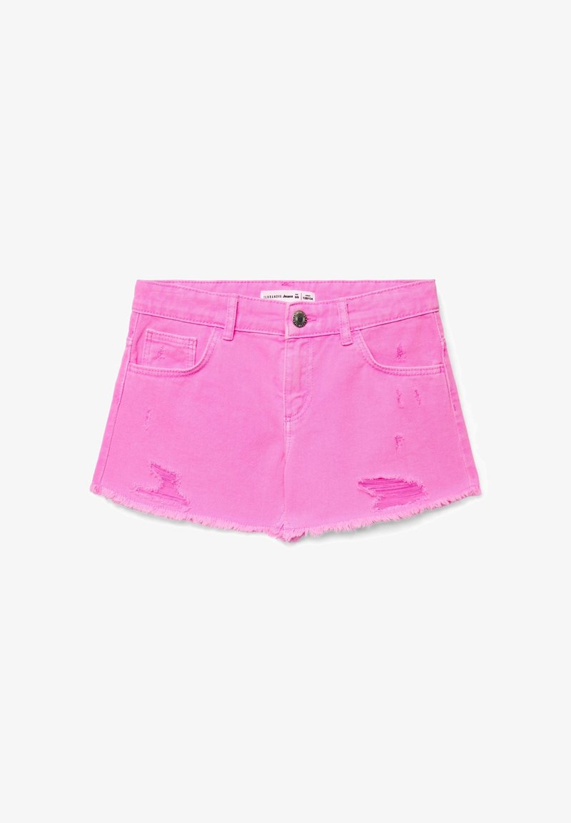 Pantaloncini in denim rosa con orlo sfrangiato e dettagli consumati, chiusura frontale con bottoni e design con cinque tasche.