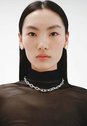 Collar de cadena de plata con eslabones circulares, usado sobre un cuello de tortuga negro y transparente. La modelo lleva pendientes geométricos de oro y tiene el cabello negro y liso.