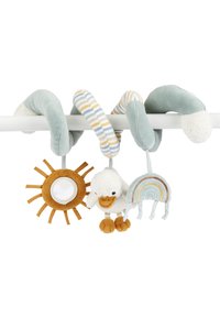 Weiche Stoff-Aktivitäts-Spirale mit einem Sonnenspielzeug mit Spiegel, einer plüschigen Ente und einem mehrfarbigen Regenbogen. Die Farben sind mintgrün, gelb und weiß.