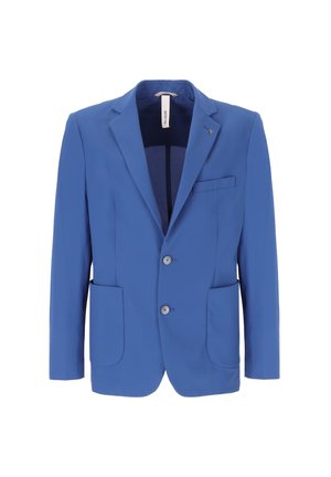 Blazer blu da uomo con rever a incavo, due bottoni frontali, taschino a filetto sul petto e due tasche applicate inferiori, mostrato su sfondo bianco.