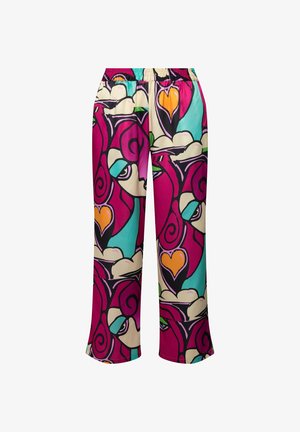 Multikleurige geprinte broek met een gedurfde abstracte ontwerpen in roze, teal en crème, voorzien van een elastische tailleband en een cropped lengte.