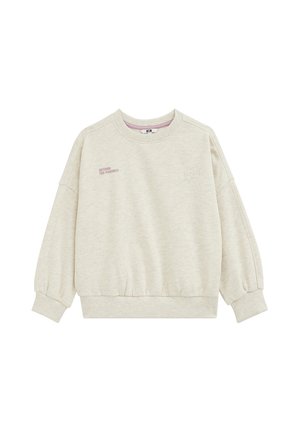 Sweat-shirt beige clair à manches longues avec poignets et ourlet côtelés, petit texte imprimé sur la poitrine gauche et motifs étoilés discrets sur la poitrine droite.