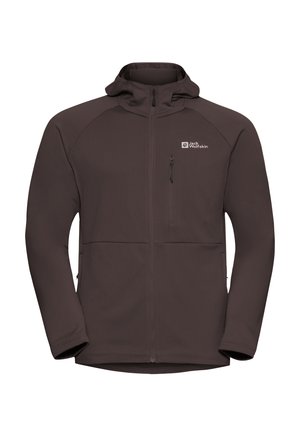 Giacca in pile marrone con cappuccio, chiusura zip davanti e tasca sul petto. Presenta un tessuto testurizzato, polsini elasticizzati e un logo sul lato sinistro.
