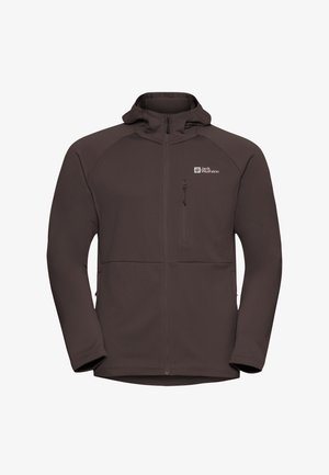 Bruine fleece jacket met capuchon, rits aan de voorkant en borstzak. Bevat een gestructureerde stof, elastische manchetten en een logo aan de linkerkant.