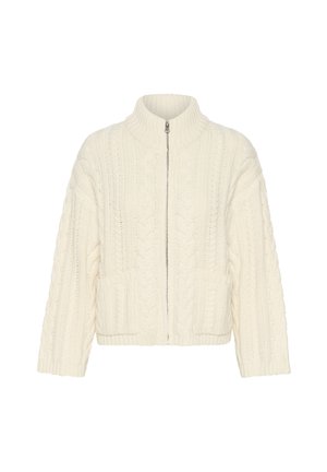Cardigan a maglia color crema con colletto alto, zip completa e texture a trecce; presenta tasche frontali e maniche leggermente accorciate.