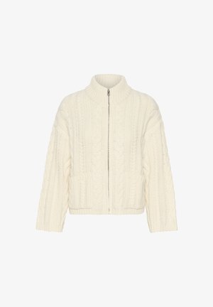 Cream-colored knit cardigan with a high collar, full zipper, and cable-knit texture; features front pockets and slightly cropped sleeves.