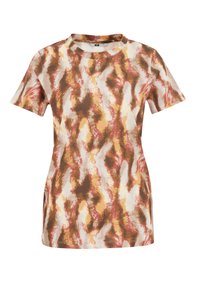 Short-sleeve t-shirt in a cotton blend with an abstract pattern in brown, beige, and hints of red; classic crew neckline, relaxed fit.