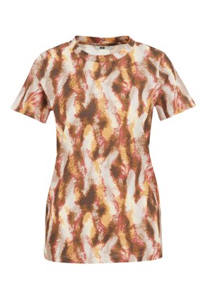 Short-sleeve t-shirt in a cotton blend with an abstract pattern in brown, beige, and hints of red; classic crew neckline, relaxed fit.