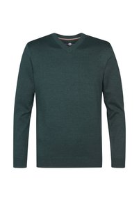 Suéter verde oscuro de cuello en V con mangas largas, hecho de una tela de punto fino. Puños y dobladillo acanalados, diseño minimalista sin patrones.