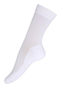 White, ankle-length sock with a ribbed cuff, made from a textured, breathable material. Features a reinforced heel and toe for durability.