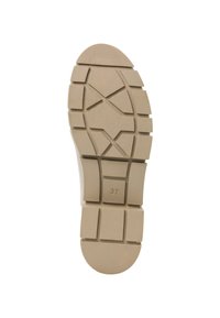 Sole of a shoe with a rugged, beige rubber design. Features prominent tread patterns and a rounded toe. Size marked as 37.