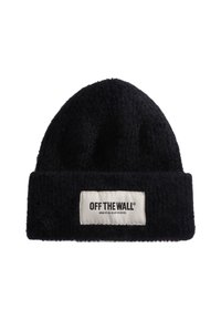 Mustat neulospipot pehmeällä pinnalla ja ommellulla lastenreunalla. Siinä on suorakaiteen muotoinen valkoinen pitkäkappale, jossa on "OFF THE WALL" -logo paksulla mustalla tekstillä.