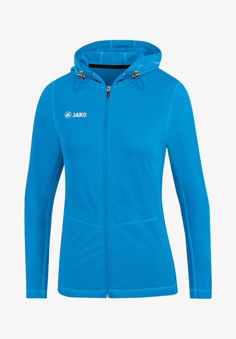 Veste bleue zippée intégrale avec capuche à cordon, manches longues et logo blanc JAKO sur la partie supérieure gauche de la poitrine.