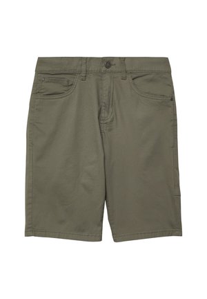 Olive zielone szorty do kolan z szlufkami na pasek, zapięciem na guziki, przednimi kieszeniami i widocznymi przeszyciami na białym tle.