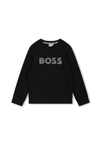 Zwarte sweatshirt met een ronde hals en lange mouwen, met "BOSS" in een gestippeld ontwerp over de voorkant. Zachte stof, relaxed fit.