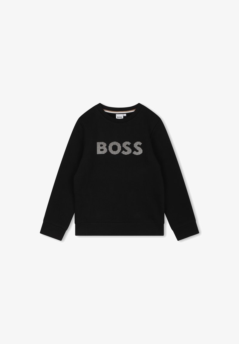 Sweatshirt noir avec un col rond et des manches longues, portant le mot "BOSS" en design à pois sur le devant. Tissu doux, coupe décontractée.
