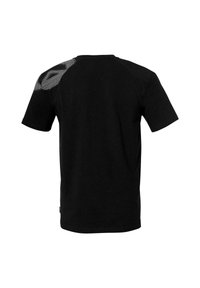 Zwarte t-shirt met korte mouwen en een ronde hals, met een gestructureerd wit patroon op de linkerschouder, gemaakt van zachte katoen.